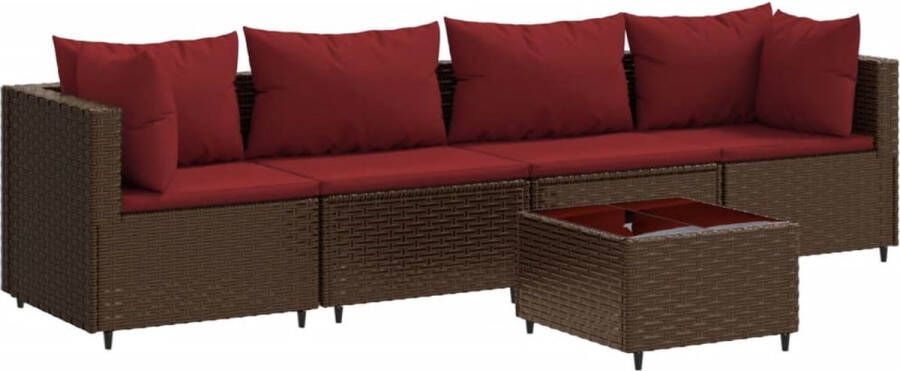VidaXL 5-delige Loungeset met kussens poly rattan bruin