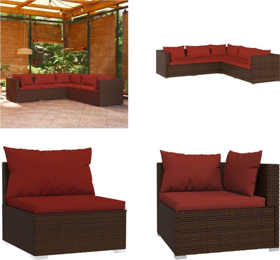 VidaXL 5-delige Loungeset met kussens poly rattan bruin Loungeset Loungesets Tuinsets Poly Rattan Loungeset