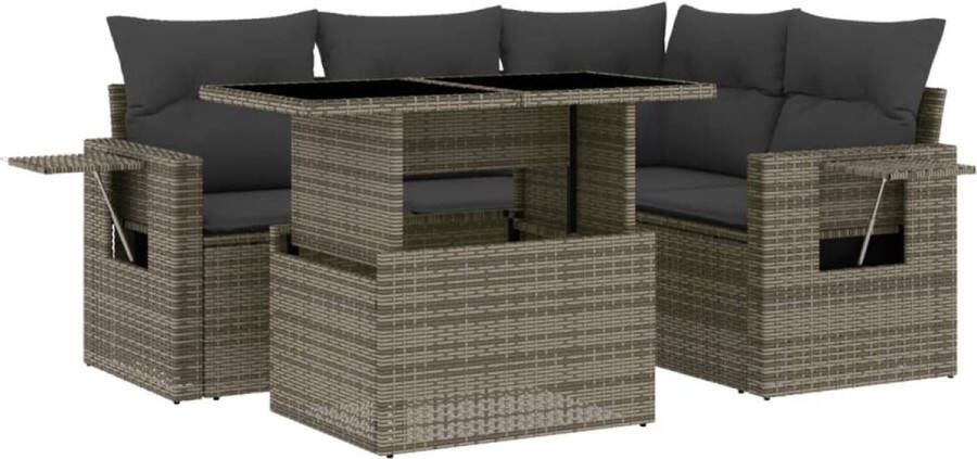 VidaXL 5-delige Loungeset met kussens poly rattan grijs