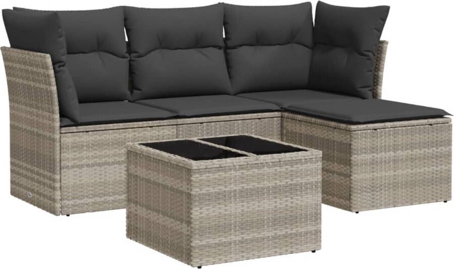 VidaXL 5-delige Loungeset met kussens poly rattan lichtgrijs