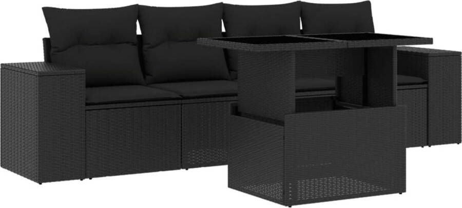 VidaXL 5-delige Loungeset met kussens poly rattan zwart