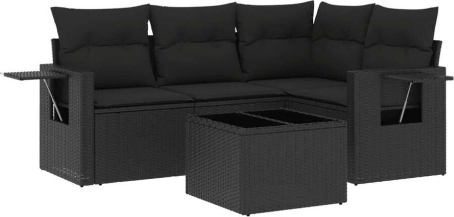 VidaXL 5-delige Loungeset met kussens poly rattan zwart