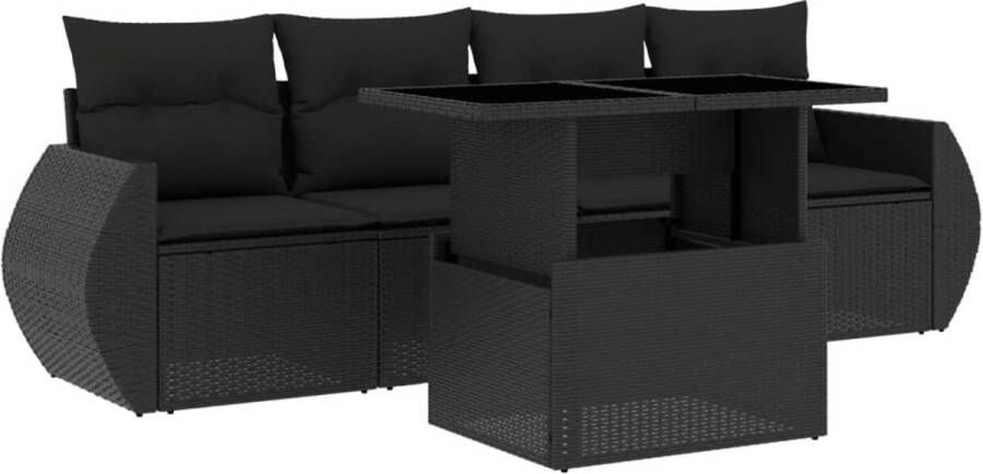 VidaXL 5-delige Loungeset met kussens poly rattan zwart