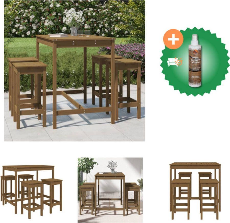 VidaXL Houten Barset Massief grenenhout Bartafel 121 x 82.5 x 110 cm Barkruk 40 x 40 x 78 cm Honingbruin Tuinset Inclusief Houtreiniger en verfrisser