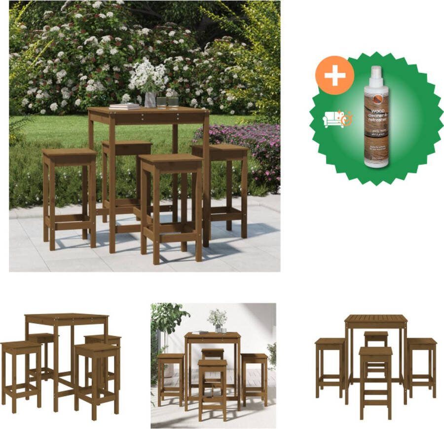 VidaXL Houten Barset Massief grenenhout Bartafel 82.5x82.5x110cm Barkruk 40x40x78cm Honingbruin Tuinset Inclusief Houtreiniger en verfrisser