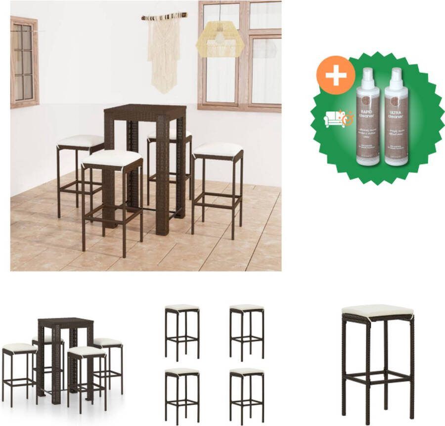 VidaXL Barset bruin PE-rattan gepoedercoat staal bartafel 60.5x60.5x110.5cm stoel 38x38x76cm inclusief 4 krukken en kussens Tuinset Inclusief Onderhoudsset