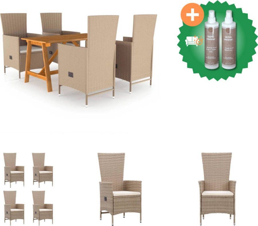 VidaXL Tuinset Acaciahouten Eettafel PE Rattan Stoelen Verstelbaar 140x70x73.5cm Beige Crèmewit Polyester Kussens Tuinset Inclusief Onderhoudsset