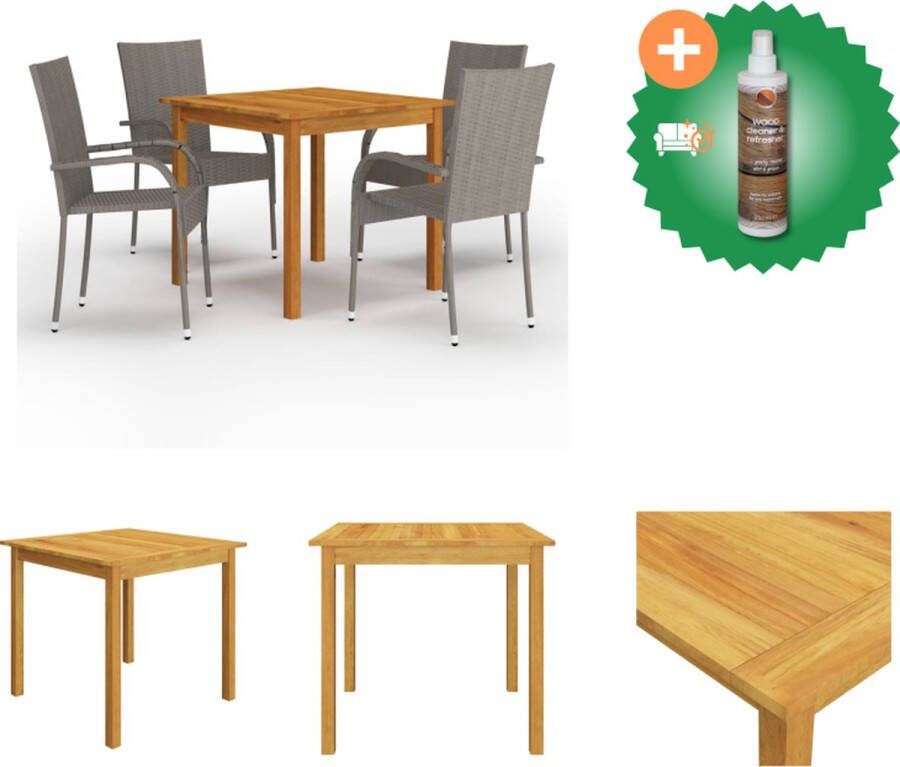 VidaXL Tuinset Acaciahouten eettafel (85x85x74 cm) en grijze rattan stoelen (55.5x53.5x95 cm) Stabiel en weerbestendig Tuinset Inclusief Houtreiniger en verfrisser