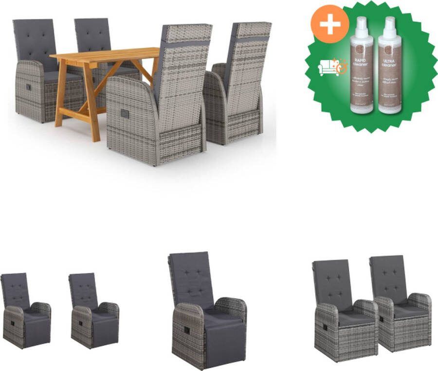 VidaXL Tuinset Acaciahouten Eettafel PE Rattan Eetstoelen Grijs 140x70x73.5 cm Verstelbaar Tuinset Inclusief Onderhoudsset