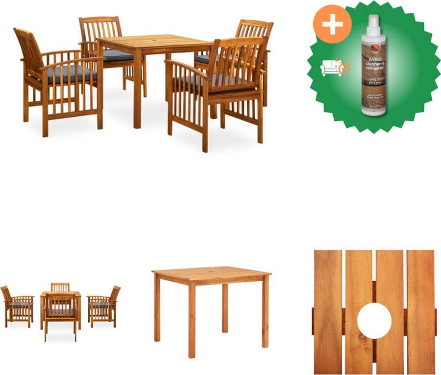 VidaXL Tuinset acaciahout eettafel eetstoelen donkergrijze kussens Tuinset Inclusief Houtreiniger en verfrisser