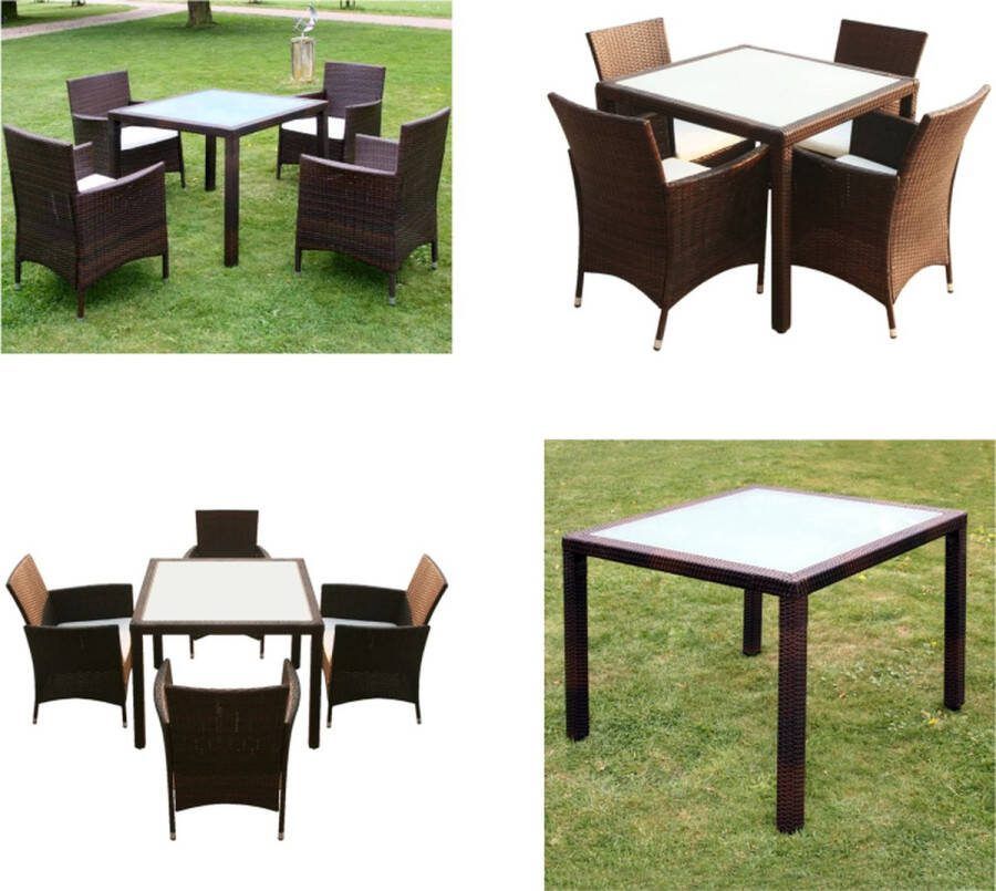 VidaXL 5-delige Tuinset met kussens poly rattan bruin Tuintafel En -stoel Tuintafels En -stoelen Tuintafelset Tuintafelsets