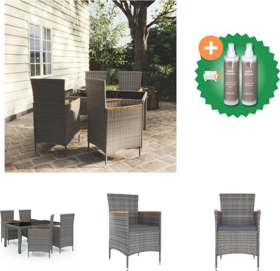 VidaXL Eethoek Tuinset 150x90x75 zwart poly rattan gepoedercoat staal gehard glas grijs donkergrijs 1 tafel 4 stoelen 4 zitkussens Tuinset Inclusief Onderhoudsset