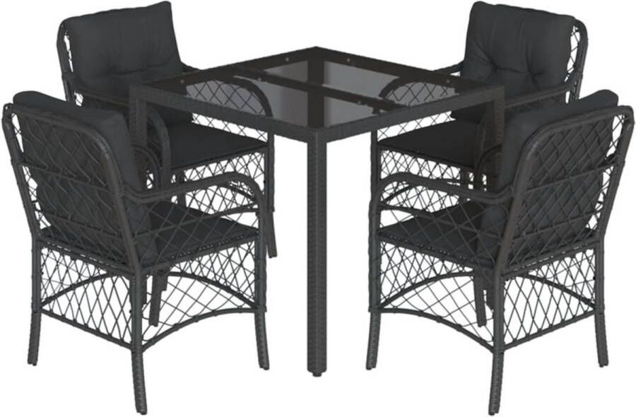 VidaXL 5-delige Tuinset met kussens poly rattan zwart