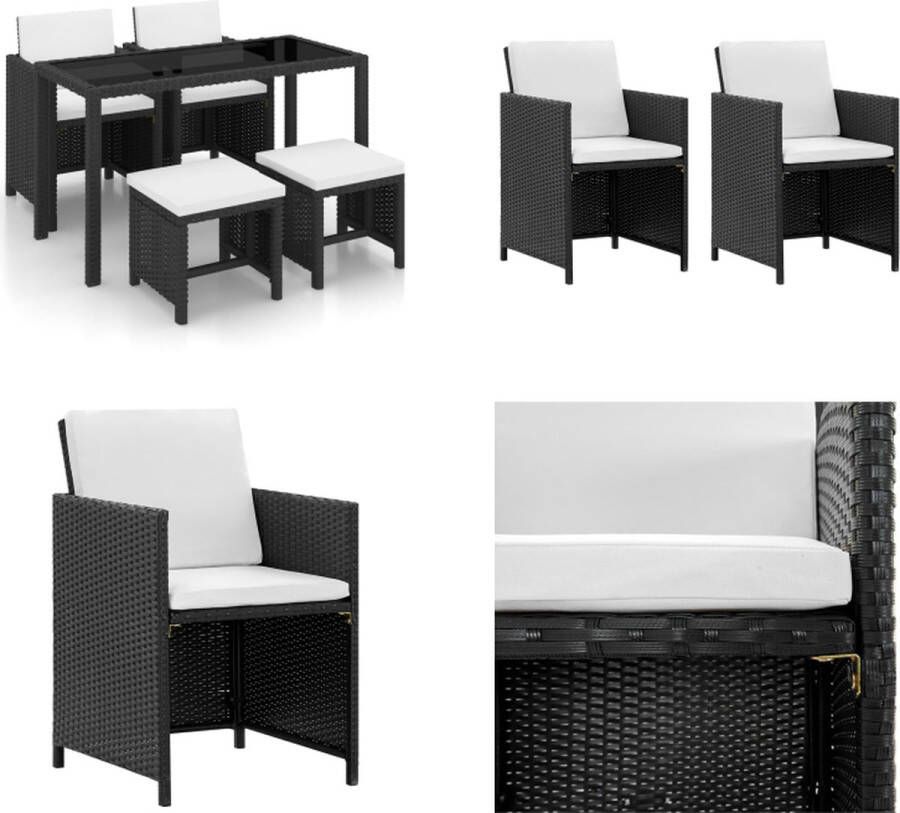 VidaXL -5-delige-Tuinset-met-kussens-poly-rattan-zwart Eethoek Voor Buiten Eethoeken Voor Buiten Tuintafel En Stoel Tuintafels En Stoelen