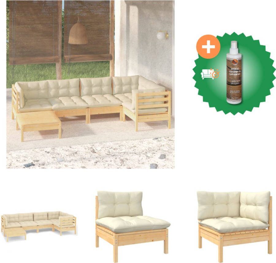 VidaXL Grenenhouten loungeset Hoekbank 63.5x63.5x62.5cm Middenbank 63.5x63.5x62.5cm Voetenbank Tafel 63.5x63.5x28.5cm Crèmekleurige kussens Montage vereist Tuinset Inclusief Houtreiniger en verfrisser