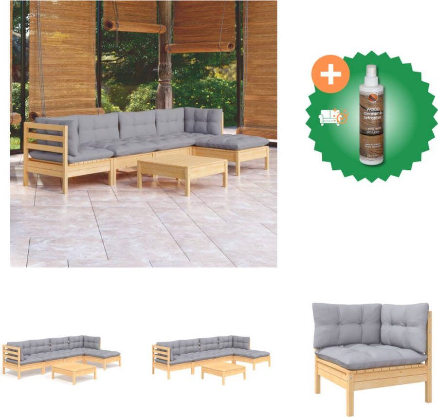 VidaXL Loungeset Grenenhout Hoek Middenbank 63.5x63.5x62.5cm Grijs Tuinset Inclusief Houtreiniger en verfrisser