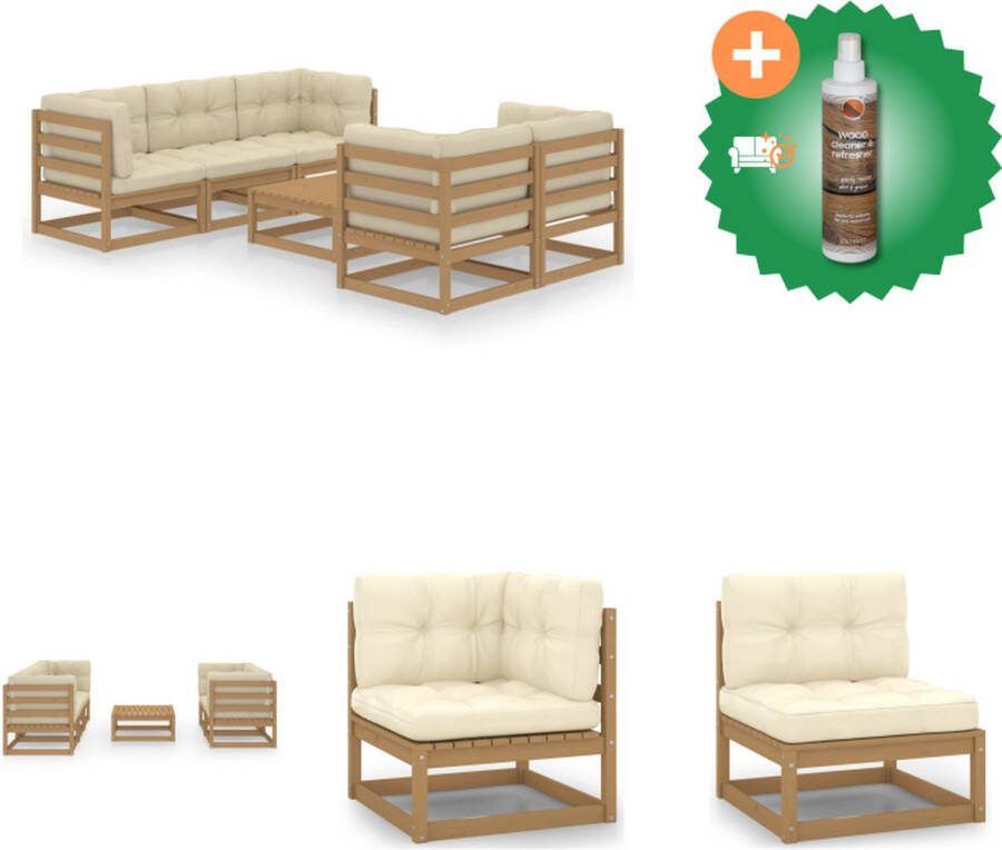 VidaXL Tuinset Grenenhout Honingbruin 1 Middenbank + 4 Hoekbank + 1 Tafel + 5 Zitkussen + 9 Rug Zijkussen Tuinset Inclusief Houtreiniger en verfrisser