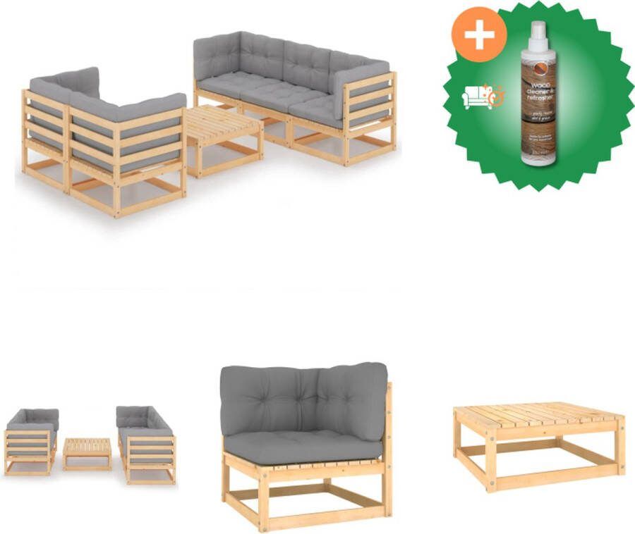 VidaXL Tuinset Massief grenenhout Grijs kussen Modulair 70x70x67cm 70x70x30cm 70x70x8cm 70x40x8cm Montage 1x middenbank 4x hoekbank 1x tafel 5x zitkussen 9x rug zijkussen Tuinset Inclusief Houtreiniger en verfrisser