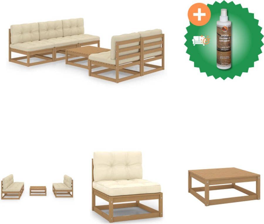 VidaXL Tuinset Grenenhout Honingbruin 70x70x67 cm 5x Middenbank 1x Tafel 5x Zitkussen 5x Rugkussen Tuinset Inclusief Houtreiniger en verfrisser