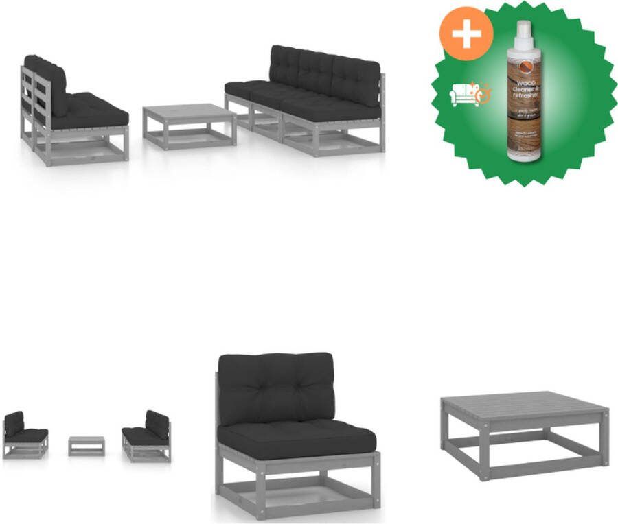 VidaXL Tuinset Grenenhout Grijs 5x Middenbank 1x Tafel 5x Zitkussen 5x Rugkussen Tuinset Inclusief Houtreiniger en verfrisser