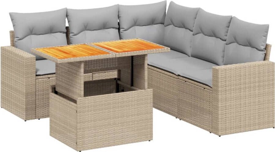 VidaXL 6-delige Loungeset met kussens poly rattan beige