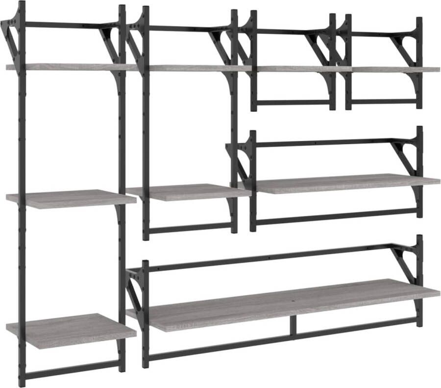 VidaXL -6-delige-Wandschappenset-met-stangen-bewerkt-hout-grijs-sonoma