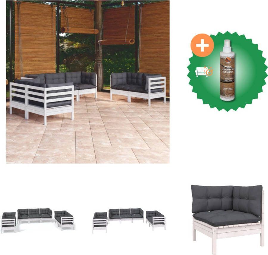 VidaXL Loungeset Grenenhout Wit 6 hoekbank 1 middenbank 7 zitkussens 13 rugkussens Tuinset Inclusief Houtreiniger en verfrisser