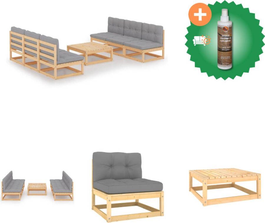 VidaXL Tuinset Grenenhout 6x Middenbank 1x Tafel 6x Zitkussen 6x Rugkussen Tuinset Inclusief Houtreiniger en verfrisser