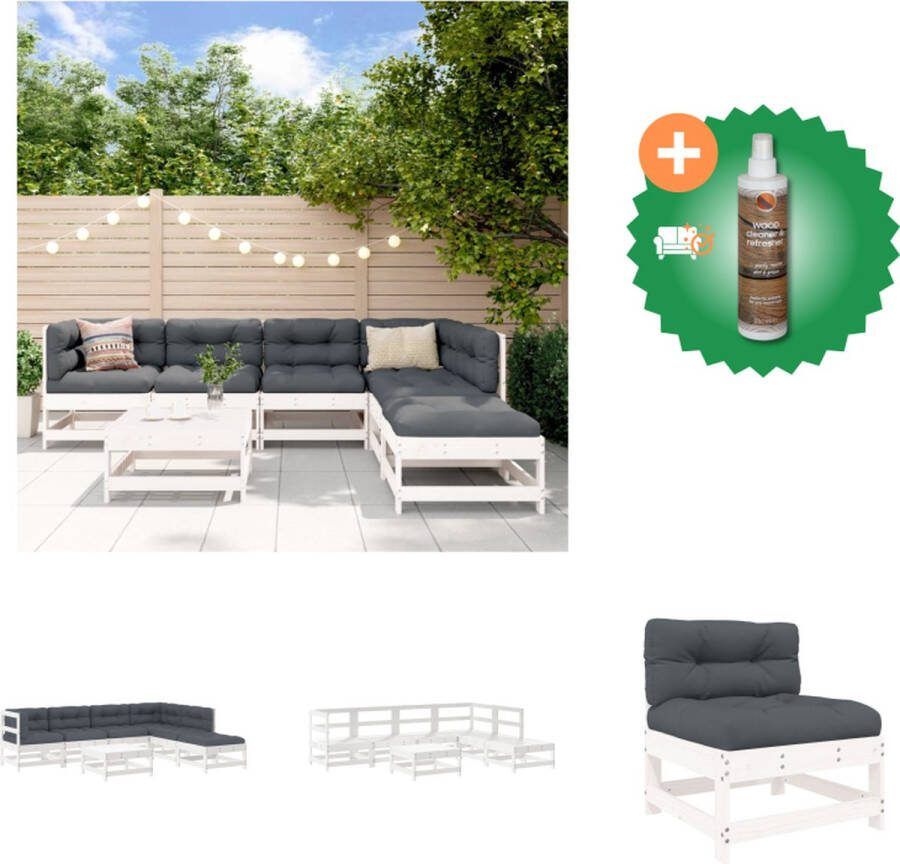 VidaXL Loungeset Grenenhout Wit Middenbank 62x62x70.5 cm Hoekbank 62x62x70.5 cm Voetenbank salontafel 62x62x32 cm 7 zitkussens 7 rugkussens Tuinset Inclusief Houtreiniger en verfrisser