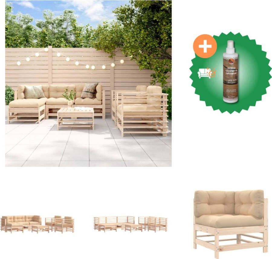 VidaXL loungeset Massief grenenhout Middenbank 57.5x63.5x60 cm Hoekbank 63.5x63.5x60 cm Tuinstoel 63.5x63.5x60 cm Voetenbank salontafel 57.5x57.5x30 cm Beige kussens Tuinset Inclusief Houtreiniger en verfrisser
