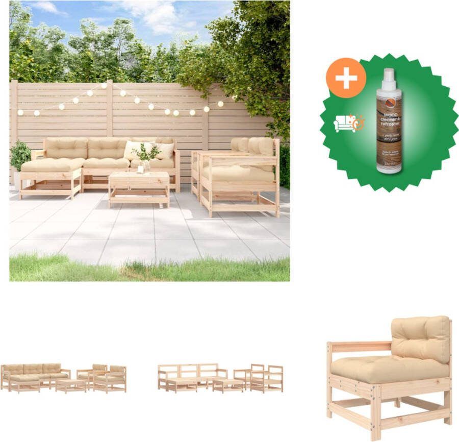 VidaXL Loungeset Grenenhout Middenbank Tuinstoel Voetenbank Salontafel Beige Kussens Tuinset Inclusief Houtreiniger en verfrisser