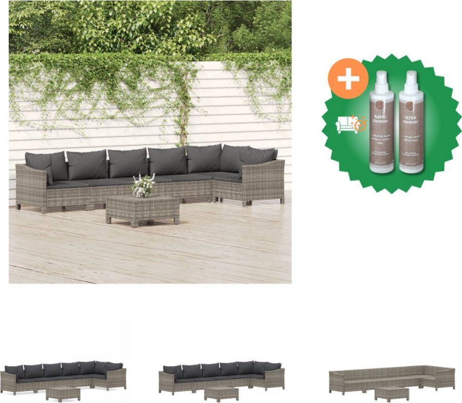 VidaXL Loungeset PE-rattan en gepoedercoat staal Grijs Bank met armleuning links rechts Hoekbank Middenbank Voetenbankje Comfortabele kussens Tuinset Inclusief Onderhoudsset