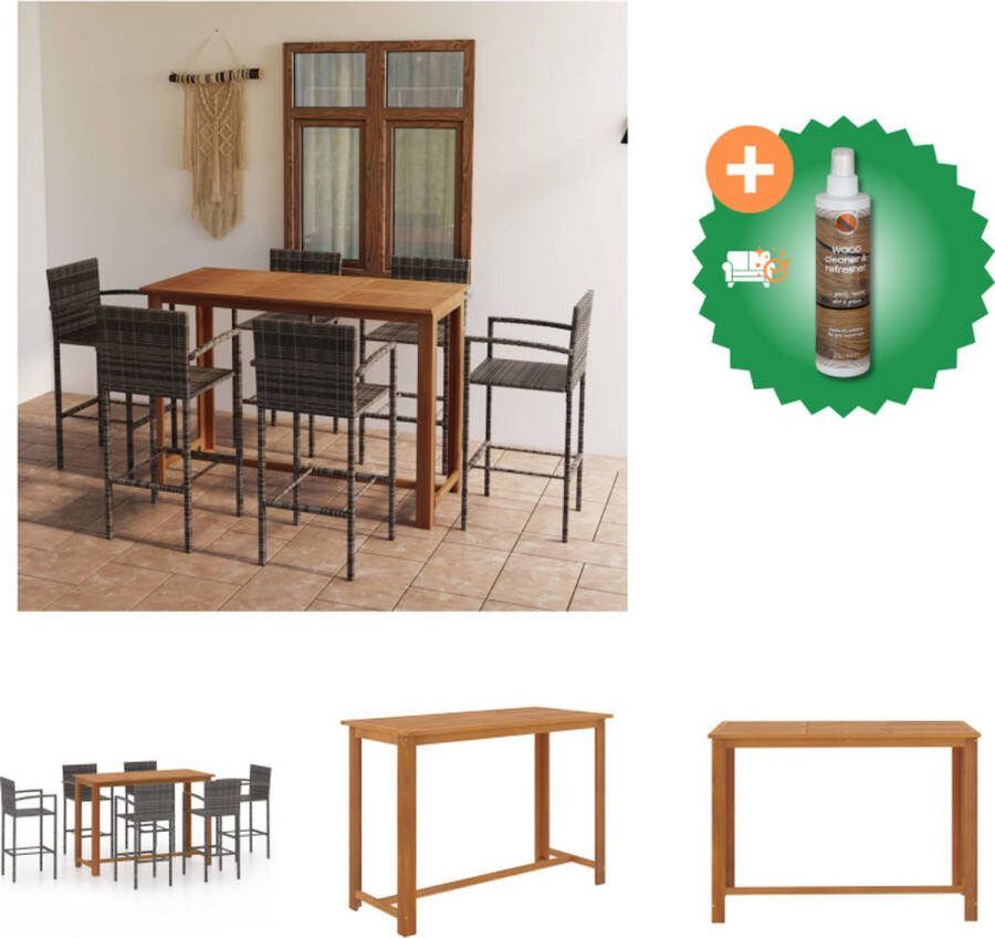 VidaXL Barset Elegant Massief Acaciahout 150x70x105 cm (LxBxH) Grijs Poly rattan Gepoedercoat staal 52x56x118 cm (BxDxH) Zithoogte 80 cm 1 Tafel 6 Barkrukken Tuinset Inclusief Houtreiniger en verfrisser
