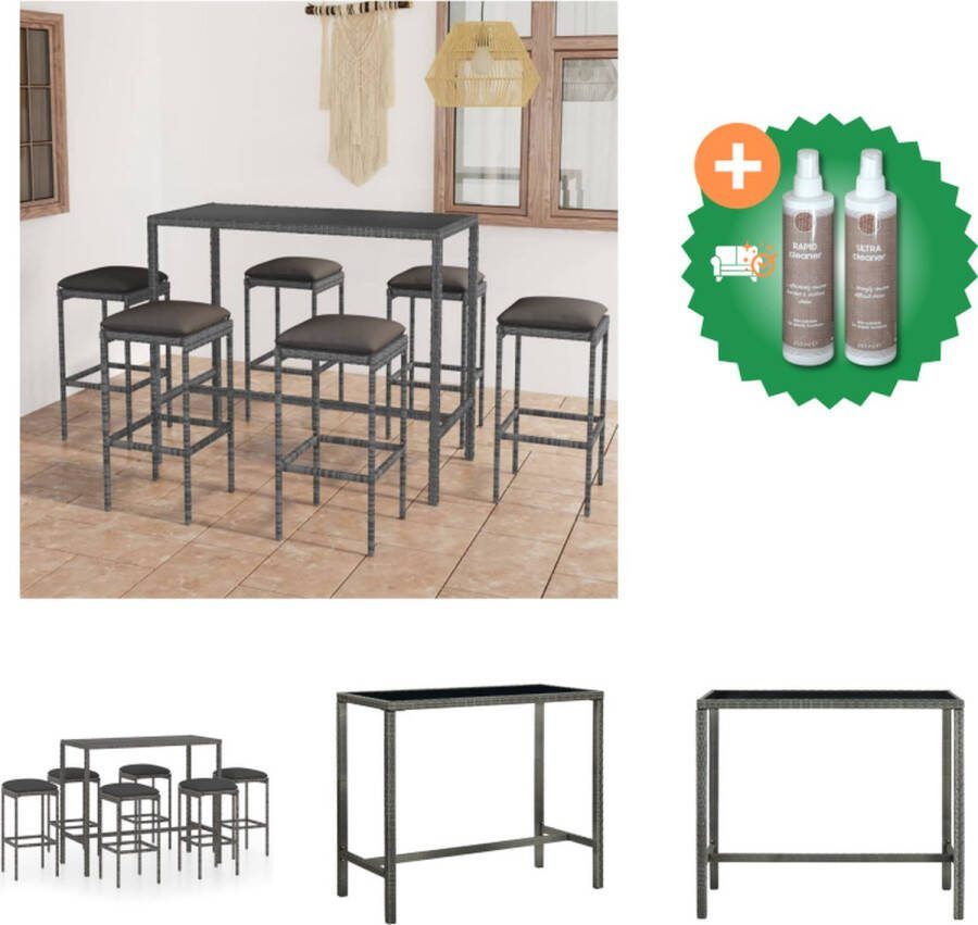 VidaXL Barset Calais Bartafel en 6 krukken Grijs PE-rattan Gepoedercoat staal Gehard glas Antraciet kussen 130x60x110cm Tuinset Inclusief Onderhoudsset