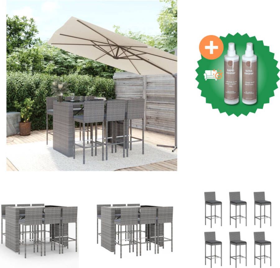 VidaXL Tuinbarset Grijs PE-rattan 145 x 80 x 110 cm Gehard glas 6 Barkrukken 6 Kussens Tuinset Inclusief Onderhoudsset