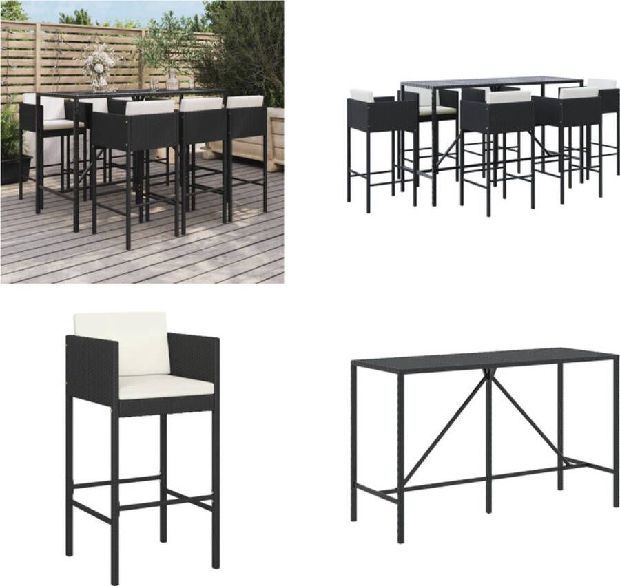 VidaXL 7-delige Tuinbarset met kussens poly rattan zwart Tuinbarset Tuinbarsets Bartafelset Bartafel En Kruk