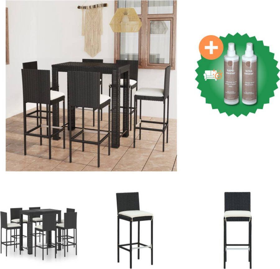 VidaXL Barset Trendy Bartafel en barkruk Afmetingen- 100 x 60.5 x 110.5 cm Kleur- Zwart Materiaal- PE-rattan en gepoedercoat staal Inclusief 6 barkrukken en zitkussens Montage vereist Tuinset Inclusief Onderhoudsset