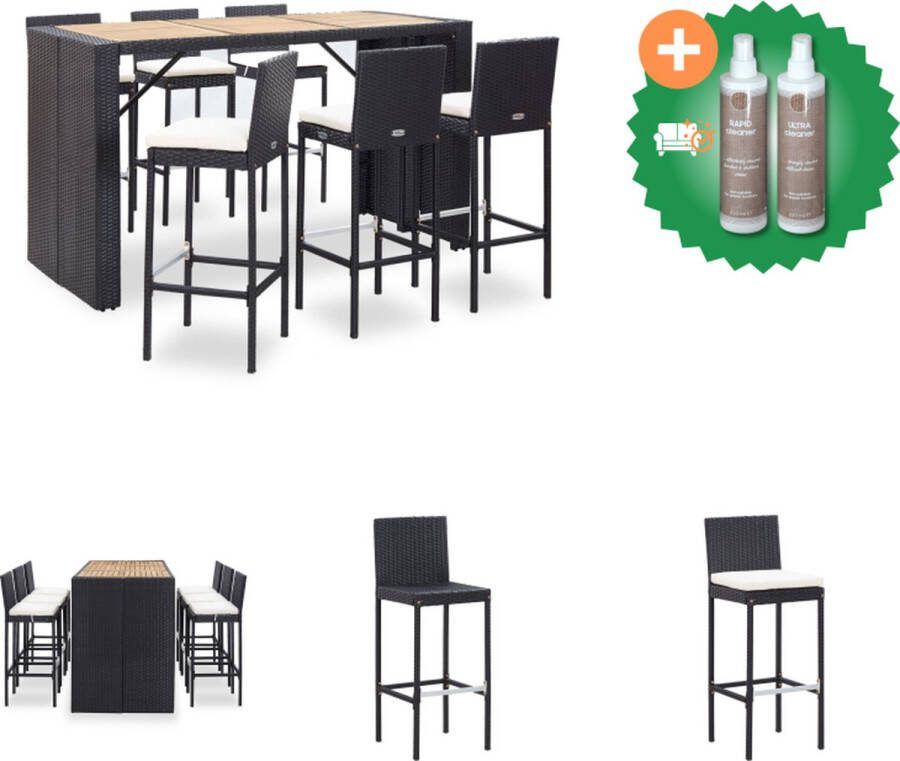 VidaXL Poly Rattan Barmeubelset Zwarte Rattan 185 x 80 x 110 cm Met Acaciahouten Tafelblad 6 Barkrukken Inclusief Kussens Montage vereist Tuinset Inclusief Onderhoudsset