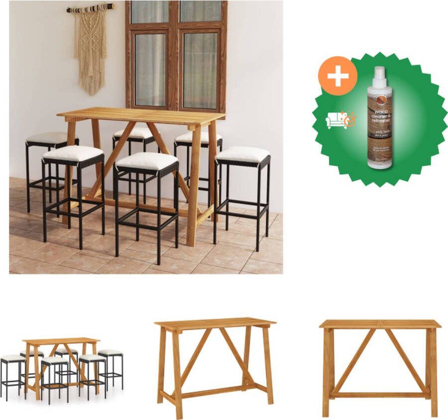 VidaXL Barset Acaciahout PE-rattan Zwart 140 x 70 x 104 cm 6 barkrukken Crème kussens Tuinset Inclusief Houtreiniger en verfrisser