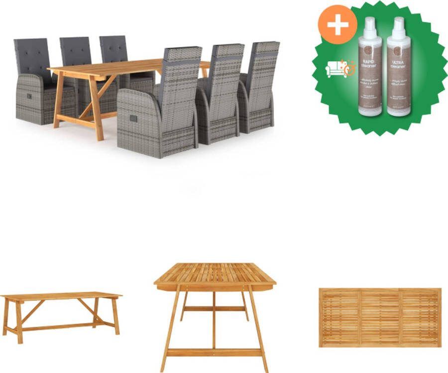 VidaXL Tuinset Acaciahouten eettafel 206x100x74 cm Grijs PE Rattan eetstoelen Tuinset Inclusief Onderhoudsset