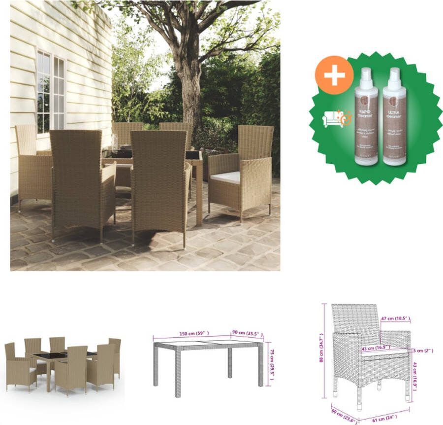 VidaXL Eethoek Tuinset 150x90x75 cm Beige Zwart Staal Glas 6 Stoelen Crèmewit Kussen Tuinset Inclusief Onderhoudsset