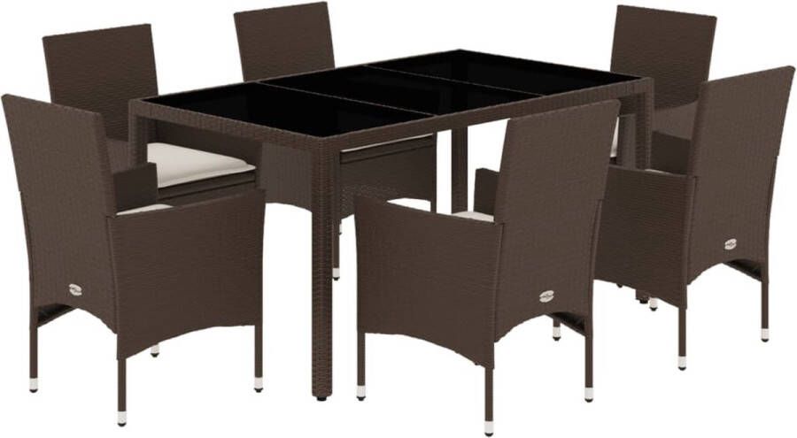 VidaXL 7-delige Tuinset met kussens poly rattan en glas bruin