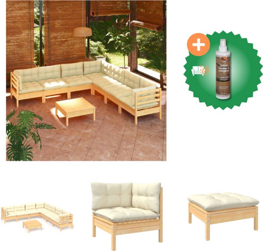 VidaXL Loungeset Grenenhout Hoekbank Middenbank Voetenbank Crème Kussens Zelf Montage 3 Hoekbanken 4 Middenbanken 1 Voetenbank Tafel 8 Zitkussens 10 Rugkussens Tuinset Inclusief Houtreiniger en verfrisser