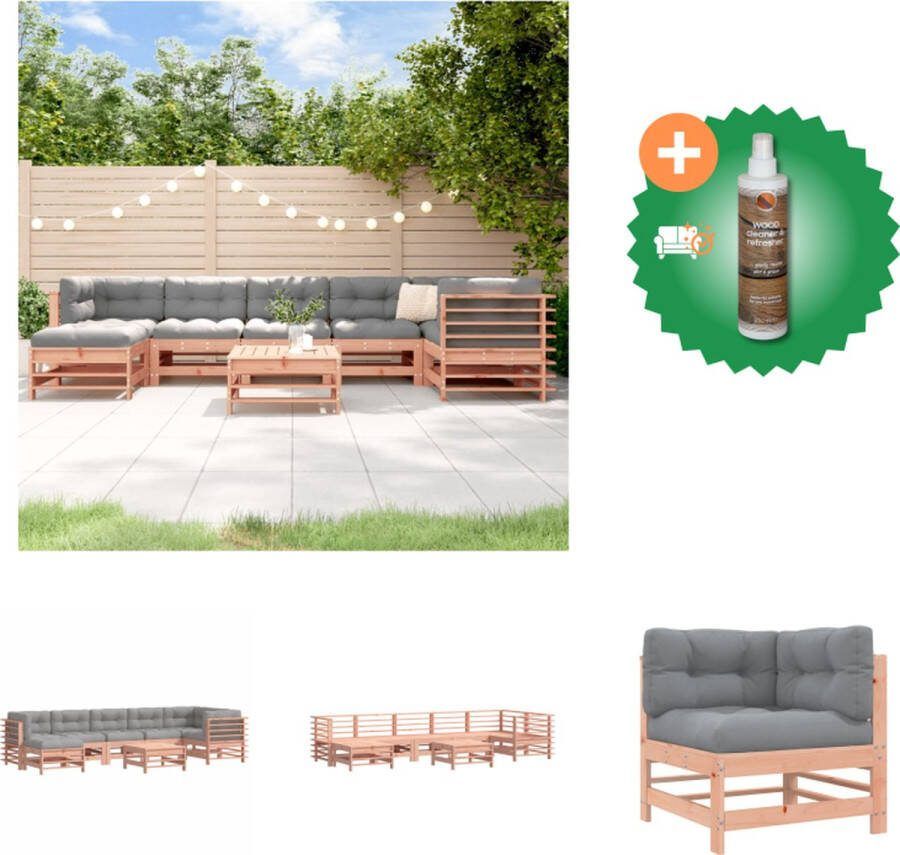VidaXL Loungeset Massief douglashout Modulair ontwerp Grijs kussen 3 x middenbank 3 x hoekbank 2 x voetenbank salontafel Tuinset Inclusief Houtreiniger en verfrisser