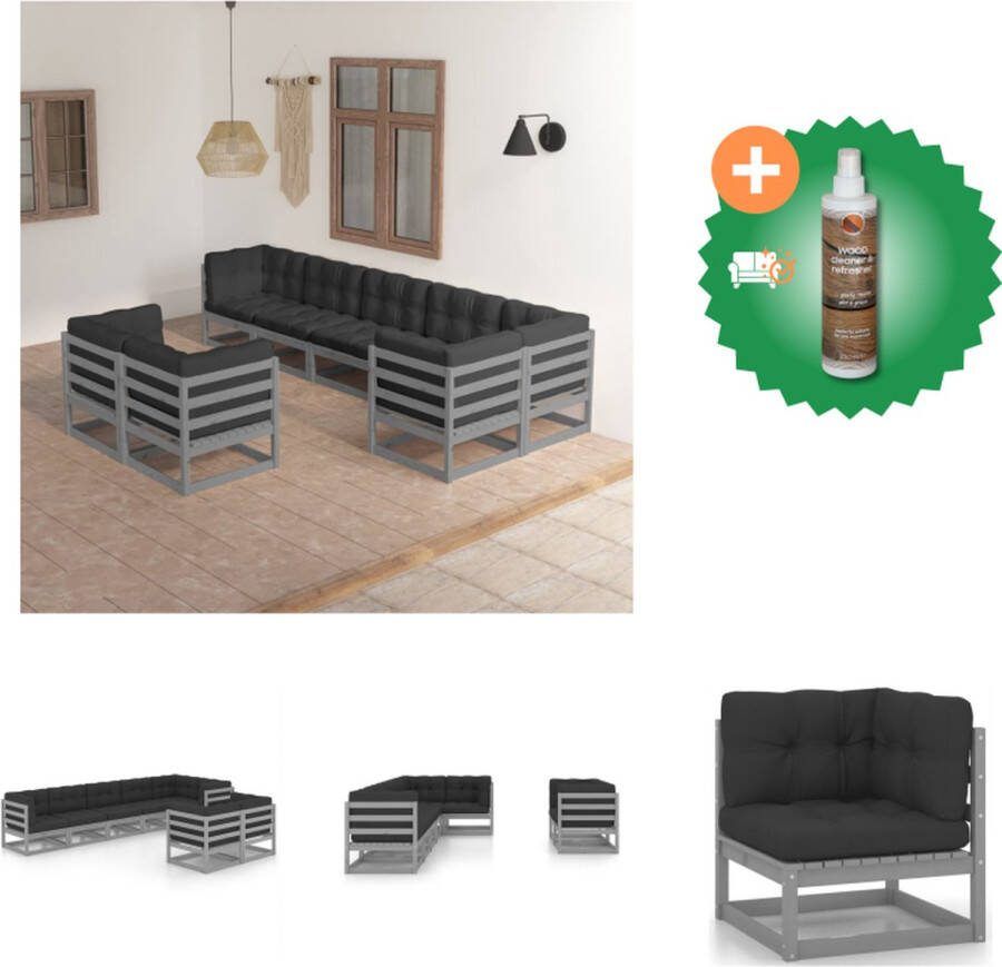VidaXL Tuinset Massief grenenhout Grijs 3x middenbank 5x hoekbank 8x zitkussen 13x rug zijkussen Tuinset Inclusief Houtreiniger en verfrisser