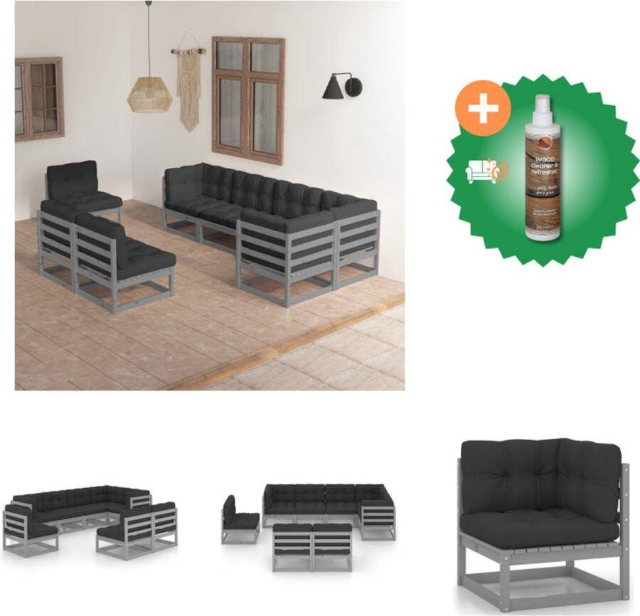 VidaXL Tuinset Grenenhout Grijs 5x Middenbank 3x Hoekbank 8x Zitkussen 11x Rug Zijkussen Tuinset Inclusief Houtreiniger en verfrisser