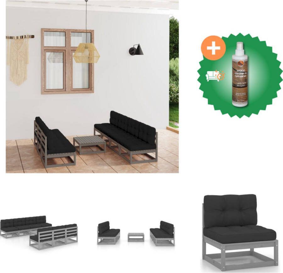 VidaXL Tuinset Grenenhout Grijs 7x Middenbank 1x Tafel 7x Zitkussen 7x Rugkussen Tuinset Inclusief Houtreiniger en verfrisser