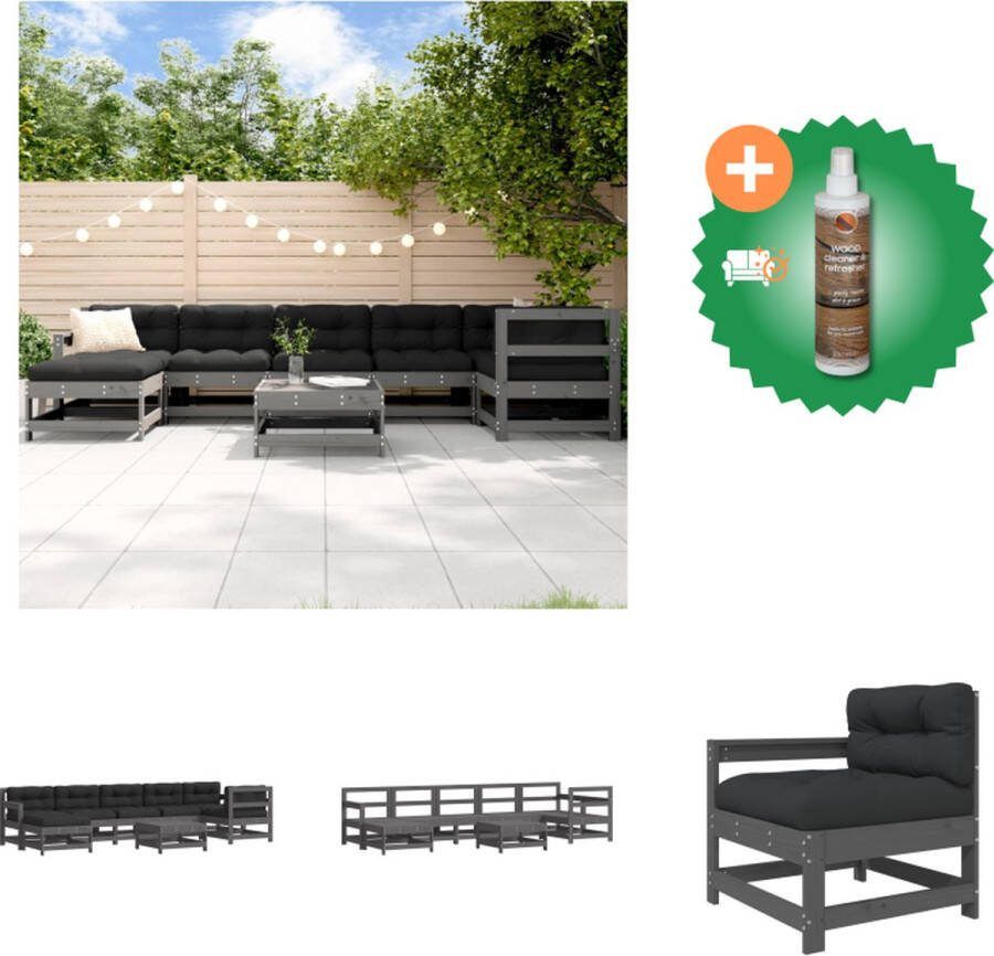 VidaXL Loungeset Grenenhout Grijs 3x middenbank 3x tuinstoel 2x voetenbank salontafel Tuinset Inclusief Houtreiniger en verfrisser