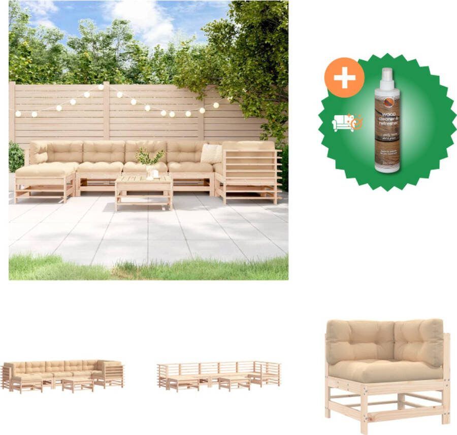 VidaXL Loungeset Grenenhout Middenbank 57.5x63.5x60cm Hoekbank 63.5x63.5x60cm Voetenbank Salontafel 57.5x57.5x30cm Beige Kussens Tuinset Inclusief Houtreiniger en verfrisser
