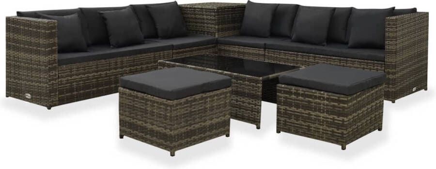 VidaXL 8-delige Loungeset met kussens poly rattan grijs